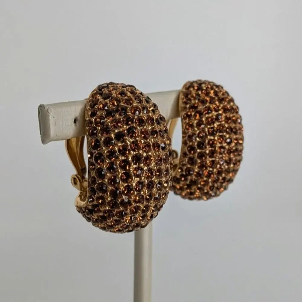 Ciner Vintage Dome Pave Rhinestone Crystal Chocolate Brown Clip Earrings Large - Picture 6 of 10